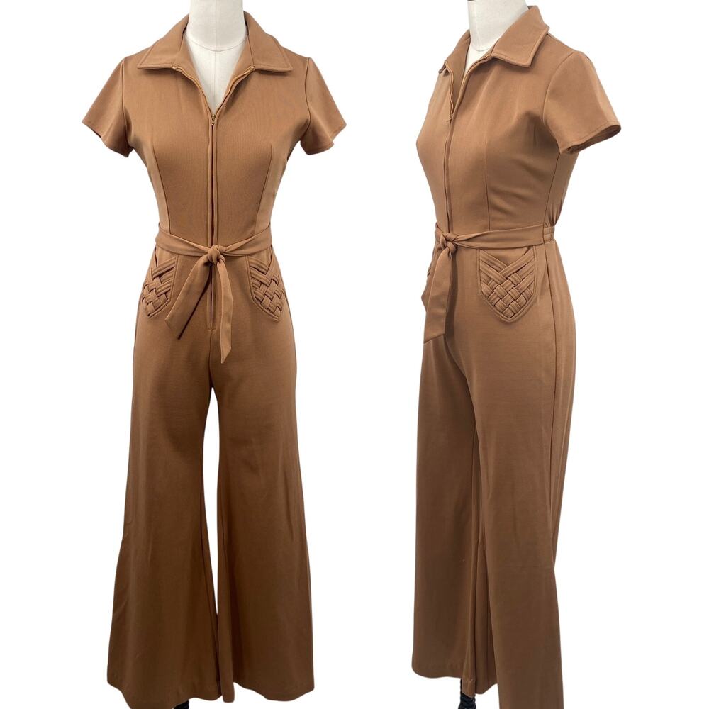 Vintage 70s Jumpsuit Zipper Front Flare Leg Bell Bottom Belted Collared Tan 4